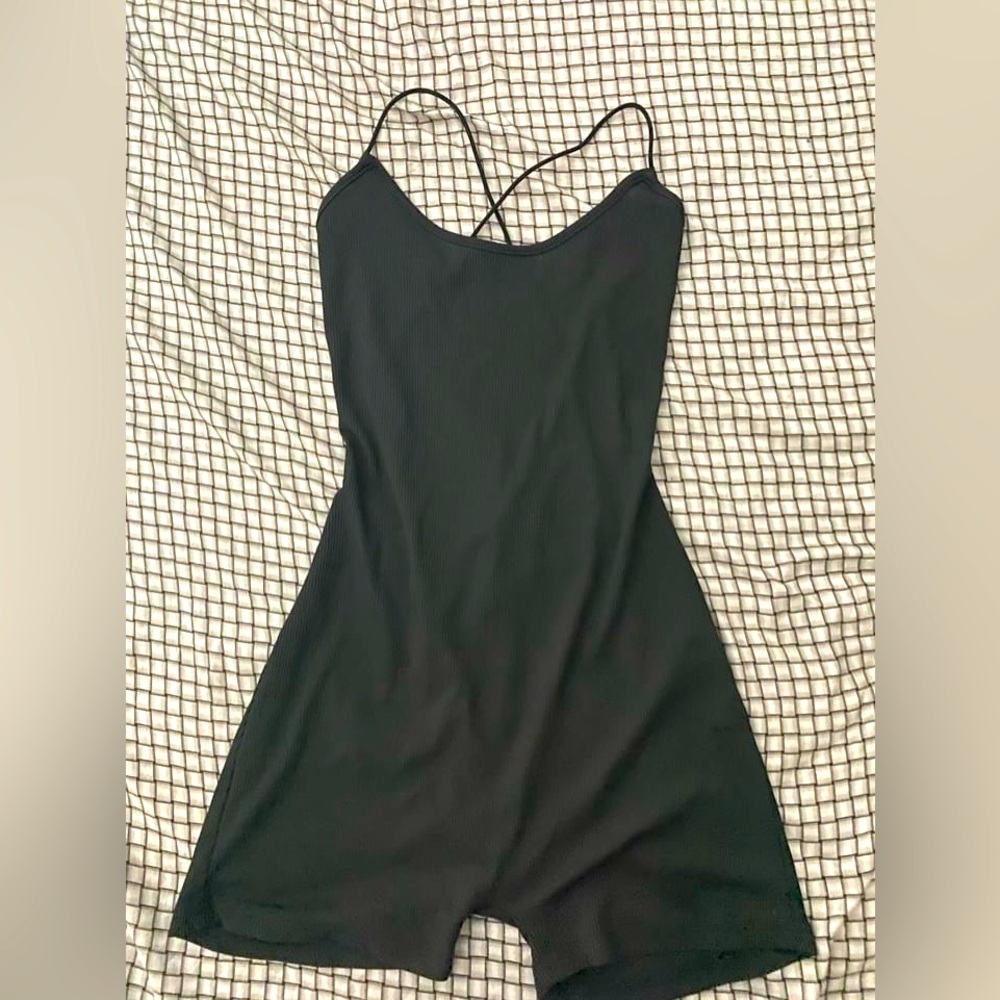 Woman’s One Piece Solid Black Bodysuit Backless Two Crossed Spaghetti Strap